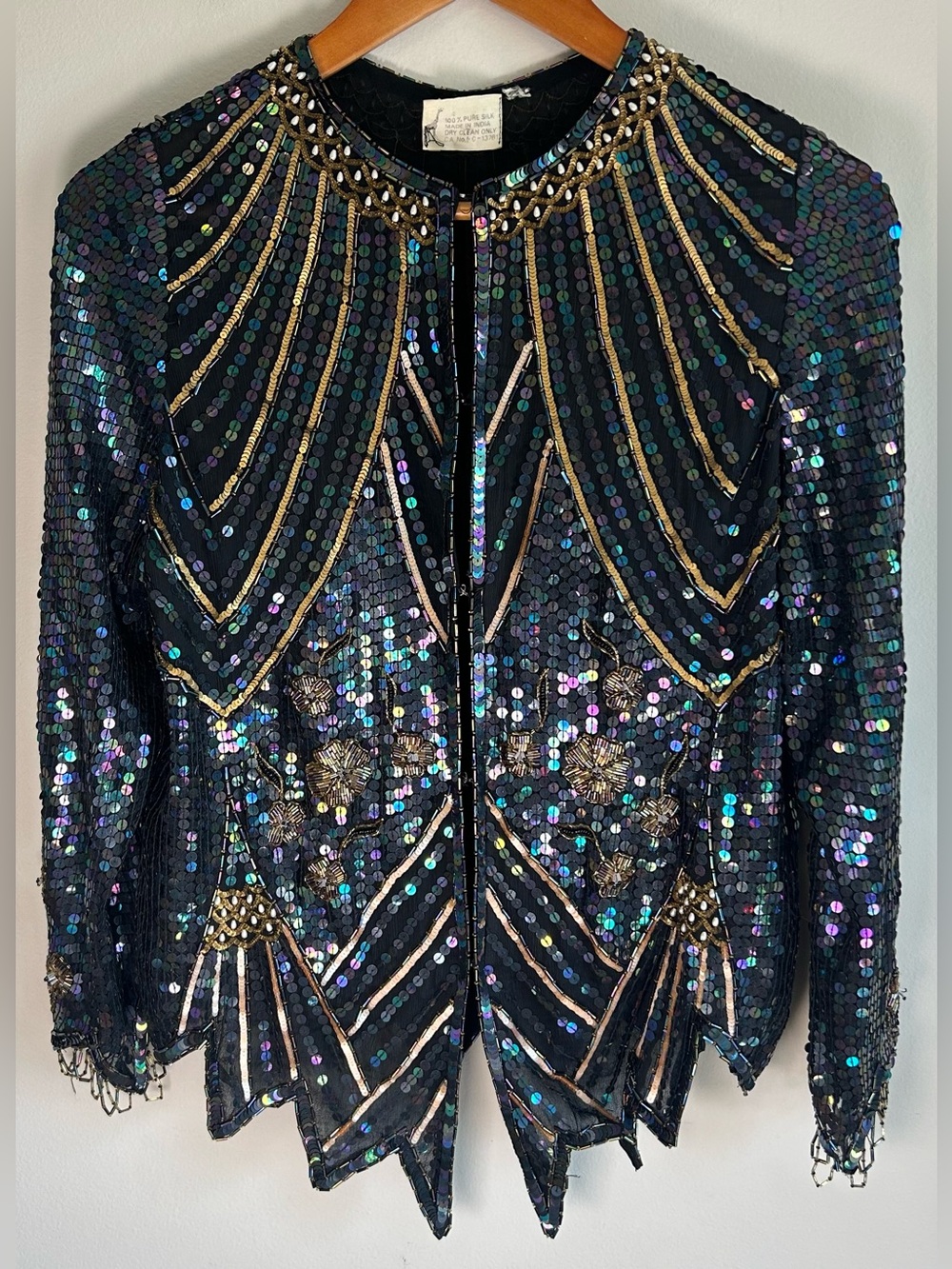Vintage 1980s Black Sequin & Beaded Geometric Jacket Silk Disco Glam Peacock S/M
